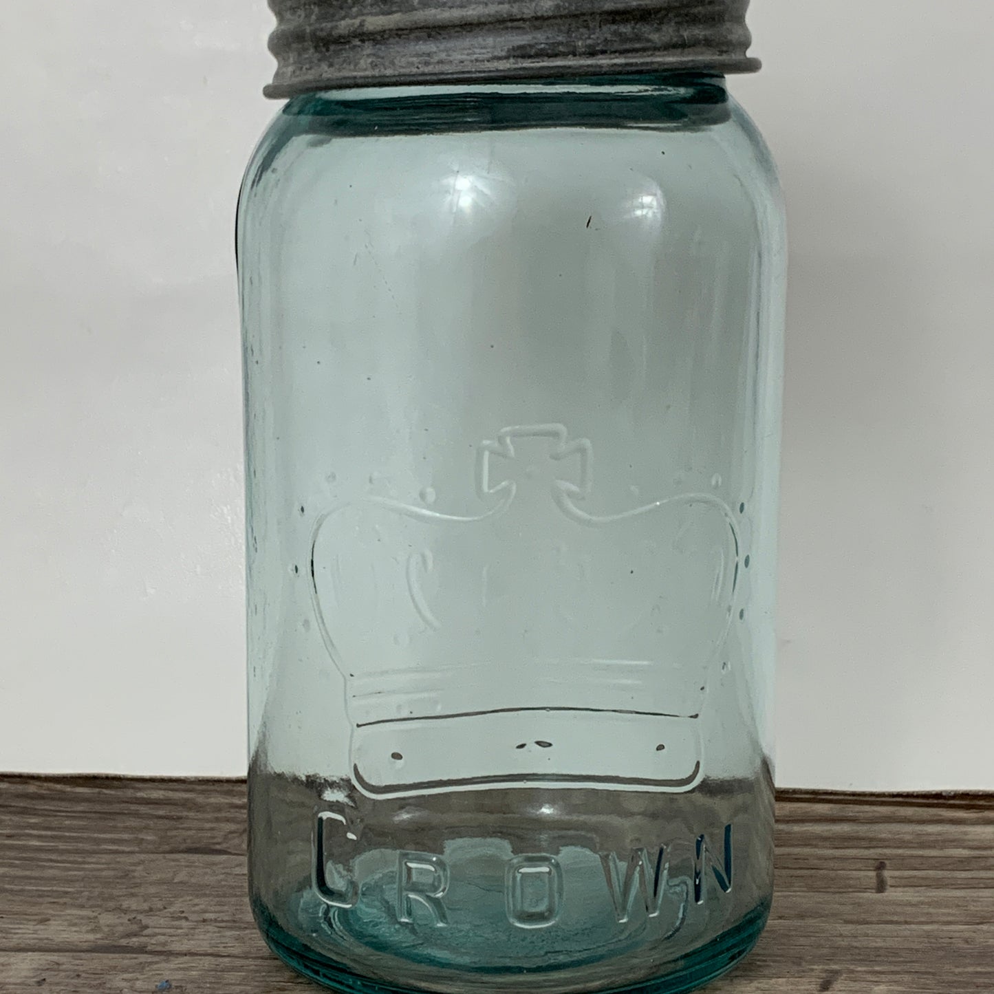 Aqua Crown Quart Size Jar 7" tall with Zinc Ring, Dry Storage, Stash Jar, Antique Farmhouse