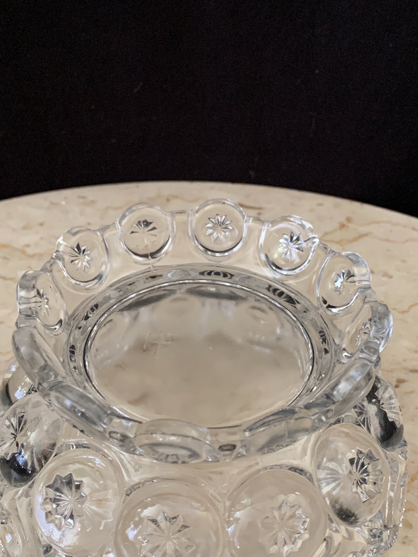 L E Smith Moon and Stars Clear Footed Bowl