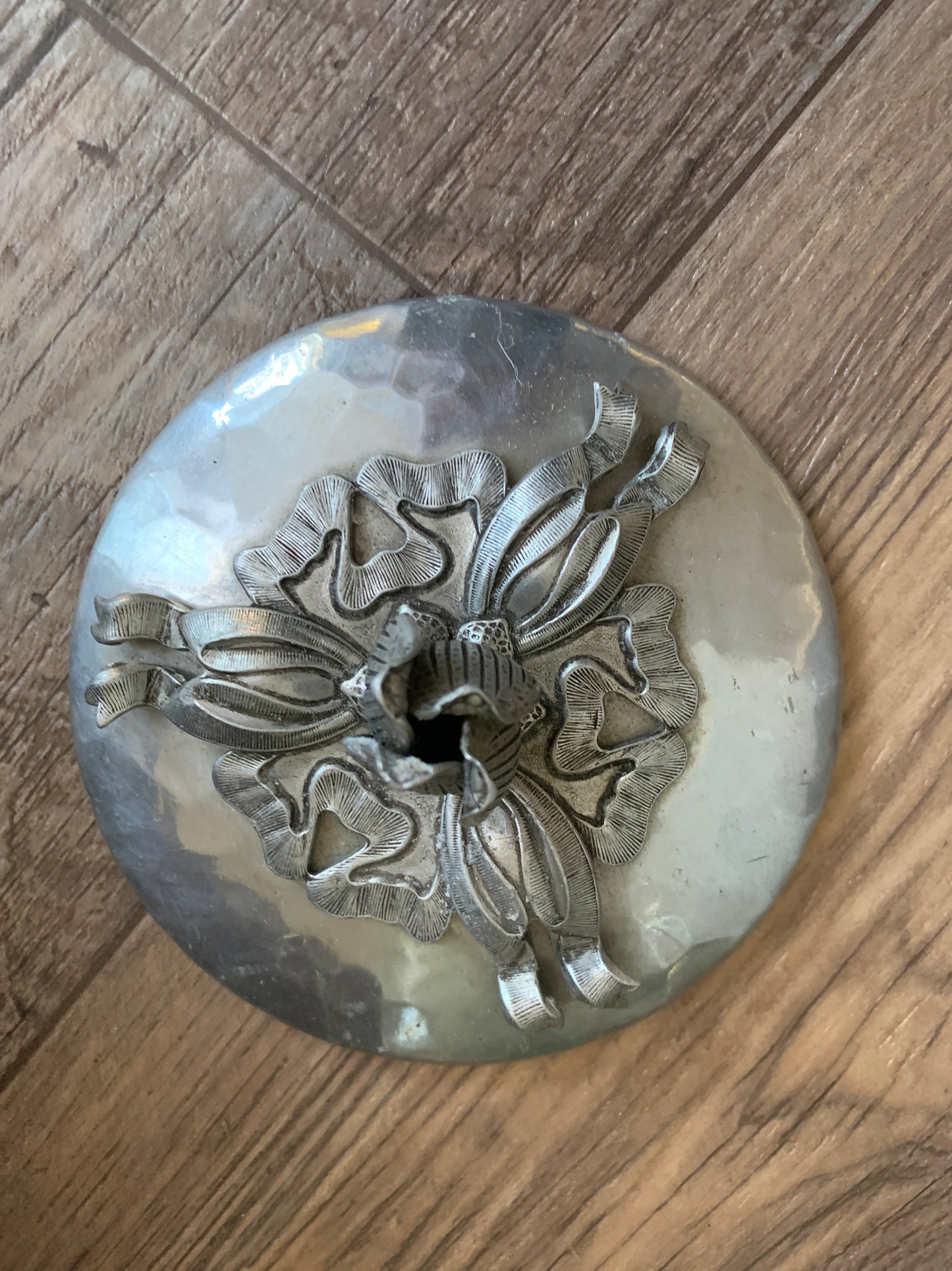 Hammered Aluminum Lidded Dish Vintage Flower Shaped Lid Trinket Dish