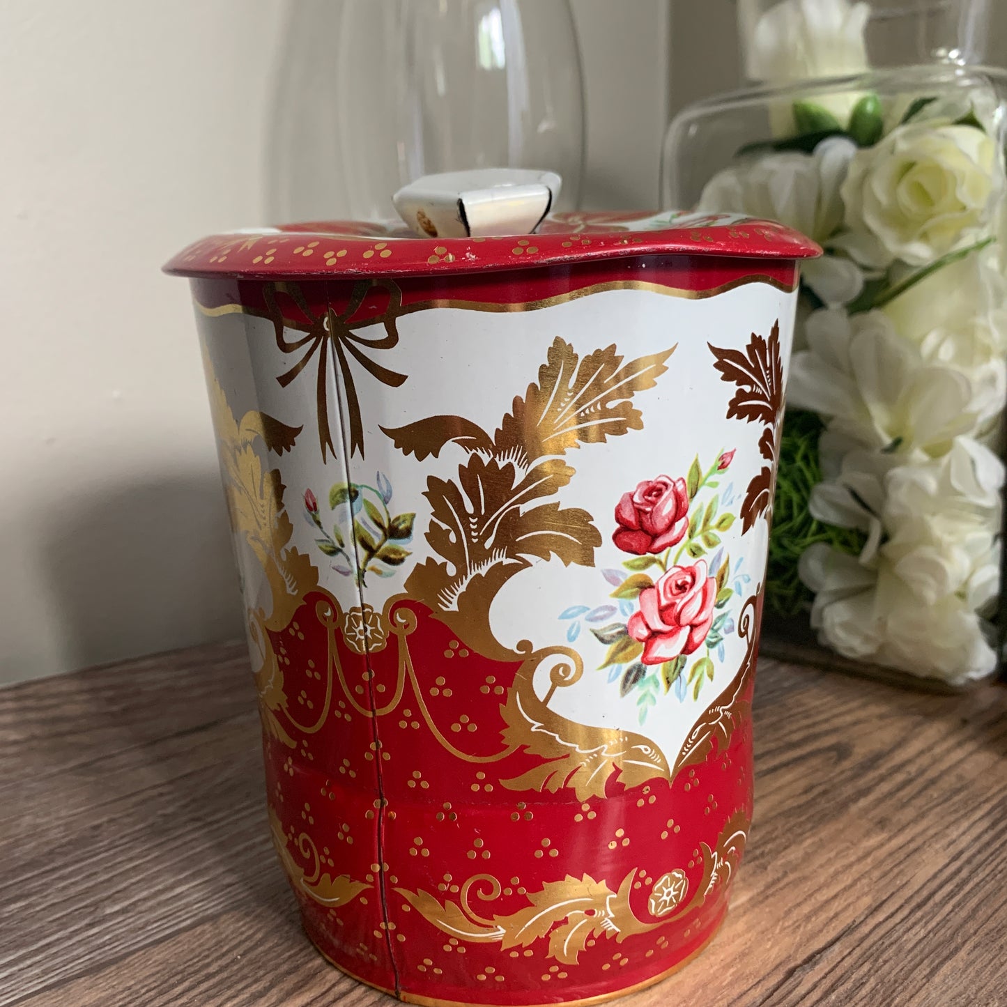 Red and White Tin with Gold Design Vintage Tin with Smooshed Lid