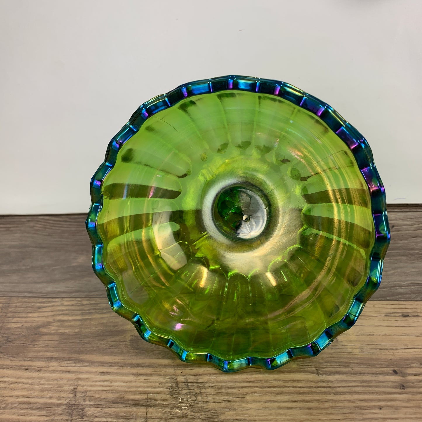 Indiana Lotus Green Carnival Glass Flower Shaped Pedestal Dish