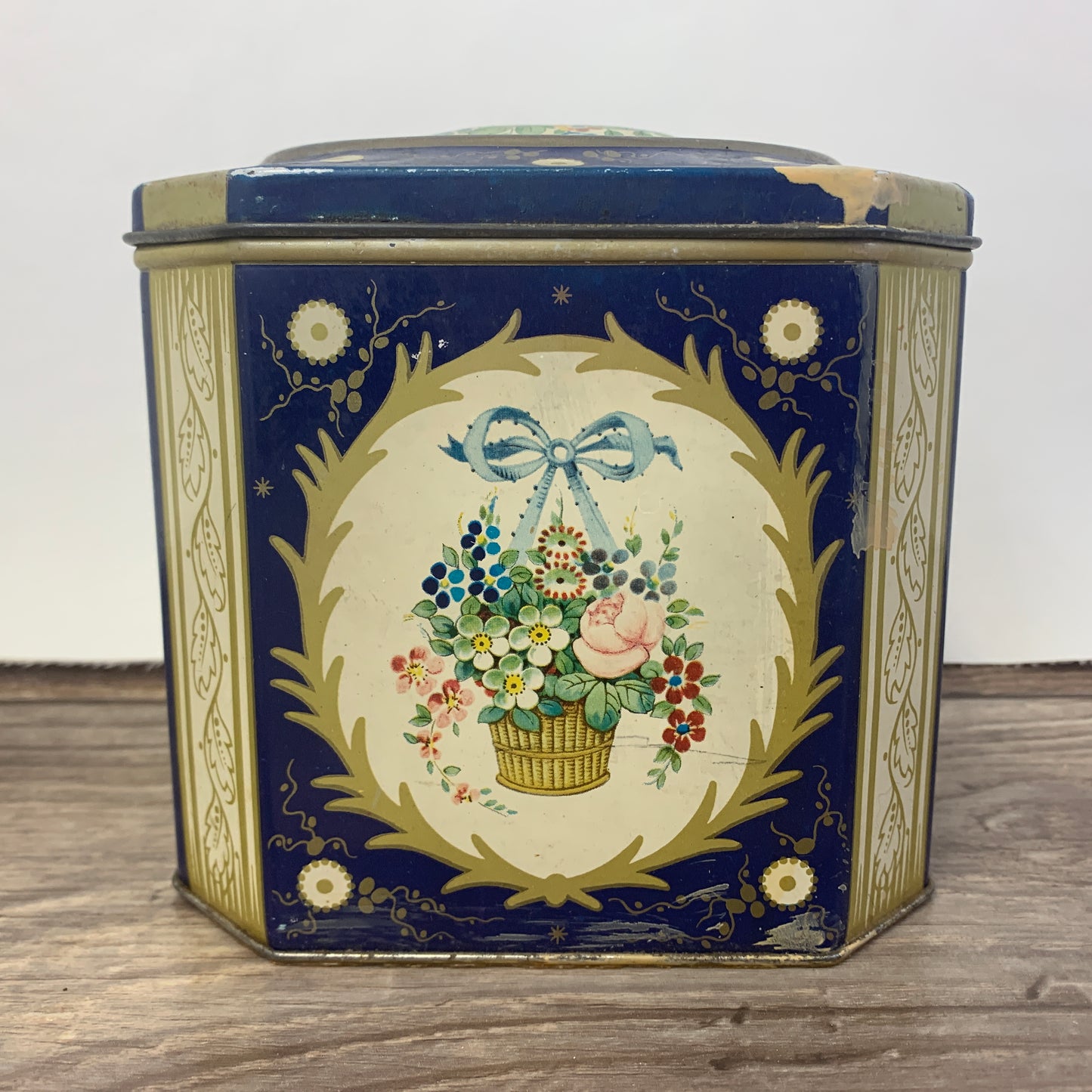 Blue and Yellow Vintage Tin with Floral Design