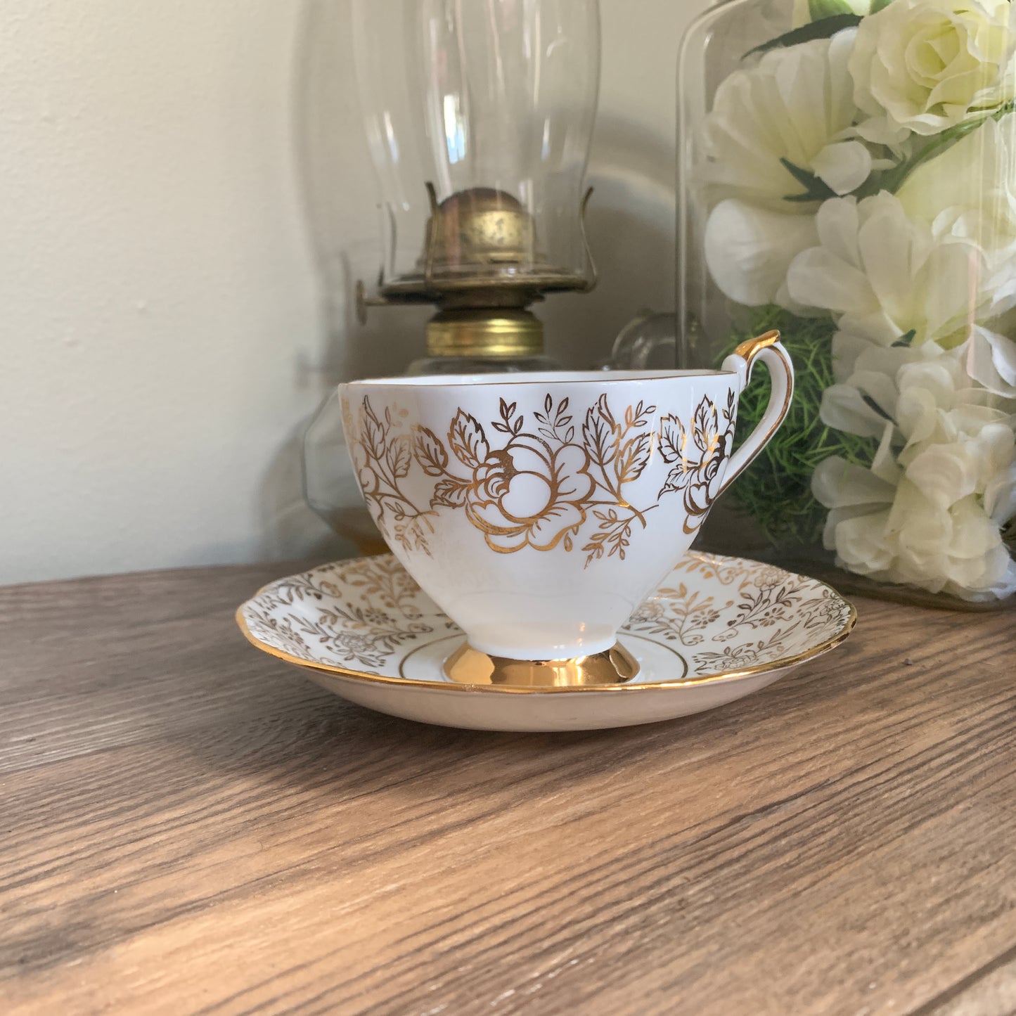 Golden Floral Vintage Queen Anne Teacup and Saucer, Slightly Mis Matched Tea Cup