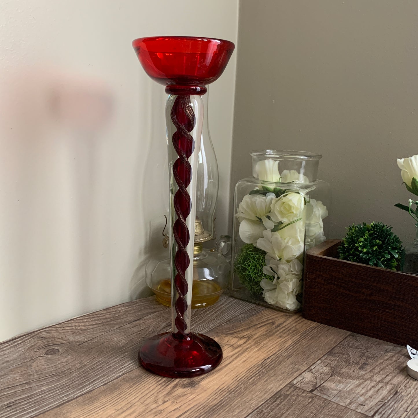 Red Art Glass Tall Display Piece with Red and Gold Twisted Stem