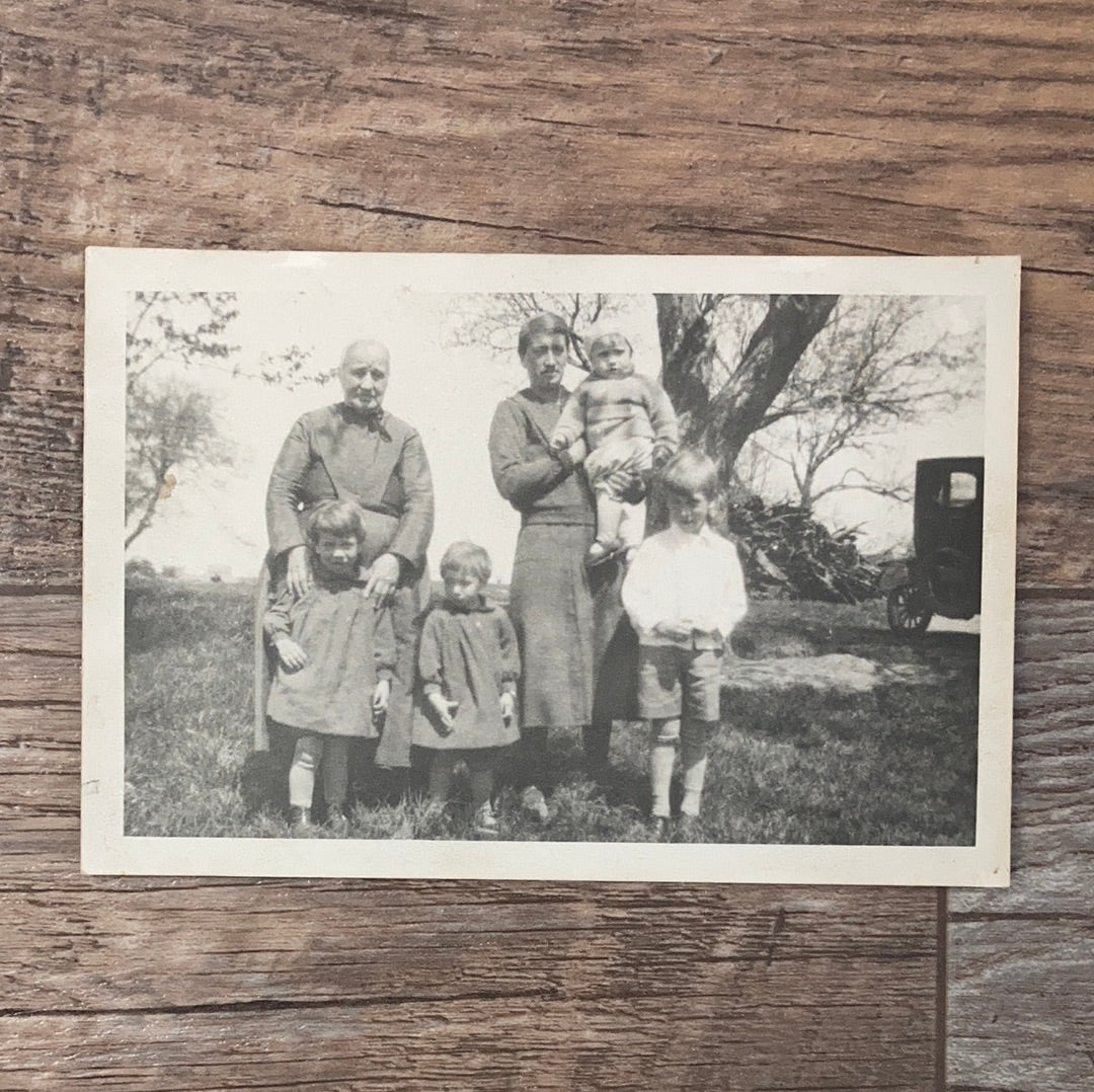 Original Antique Black and White Informal Portrait of Three Generations of Family