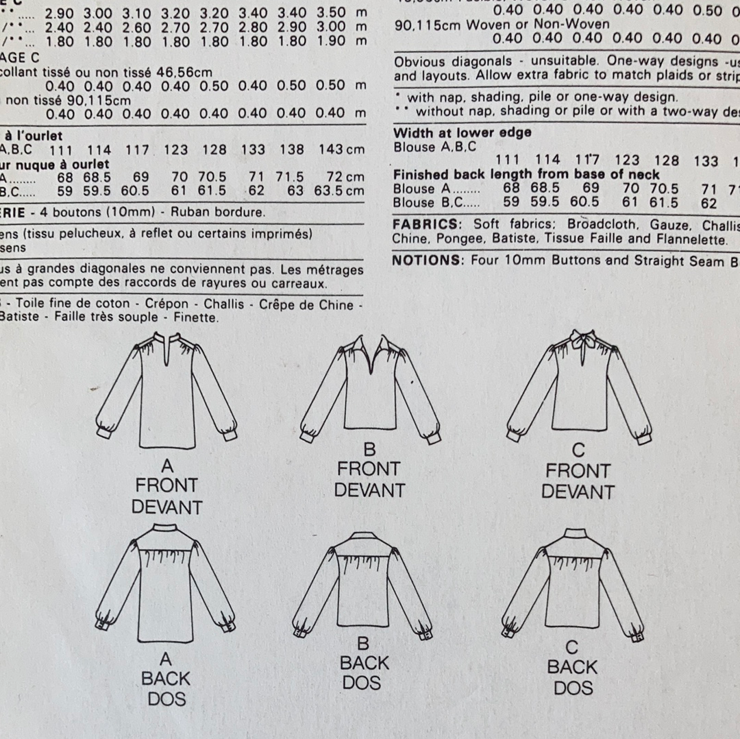Ladies Long Sleeve Blouse Vintage Sewing Pattern Size 8 Butterick 4089