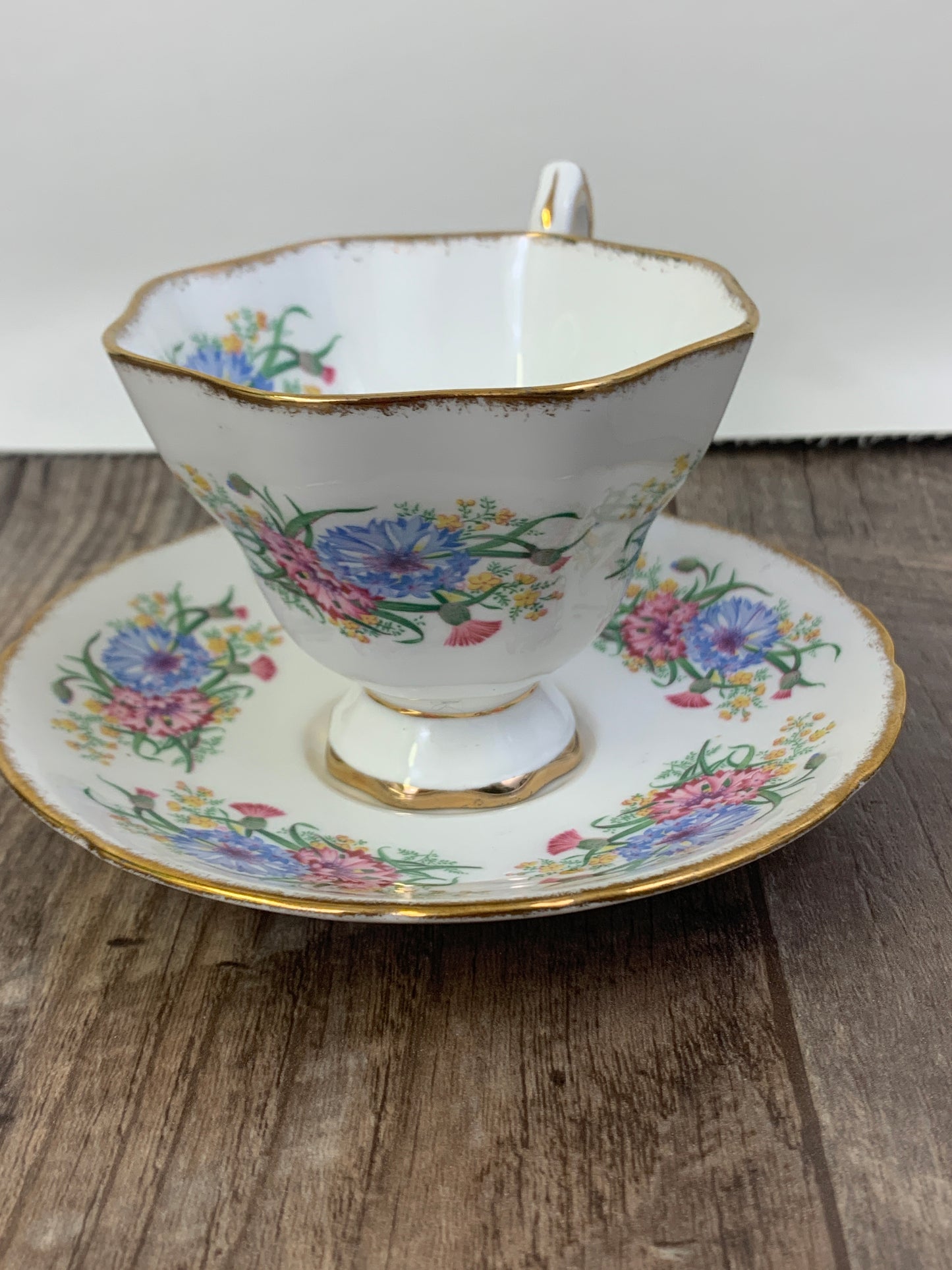 Pink and Blue Thistles Stafford Floral Tea Cup Vintage Teacup with Pink and Blue Floral Pattern