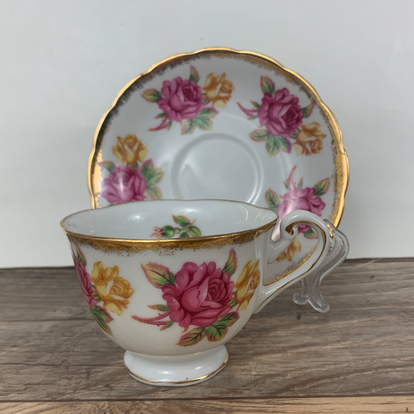 Vintage Teacup and Saucer w/ Pink and Yellow Roses and Gold Trim Made in Japan