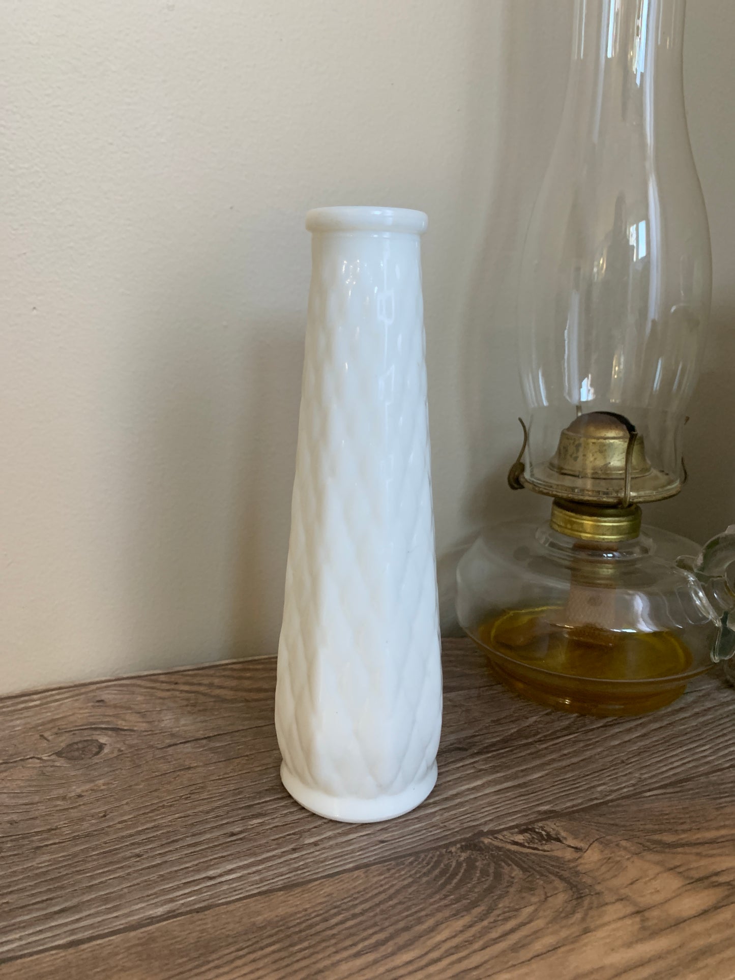 White Milk Glass Vintage Vase with Diamond Waffle Pattern Vintage Farmhouse Decor Housewarming Gifts
