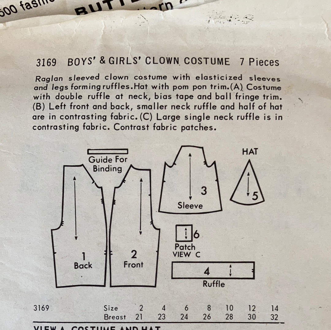 Unisex Teen Clown Costume Sewing Pattern Size 14 Butterick 3169