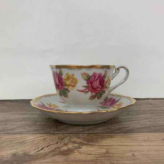 Vintage Teacup and Saucer w/ Pink and Yellow Roses and Gold Trim Made in Japan