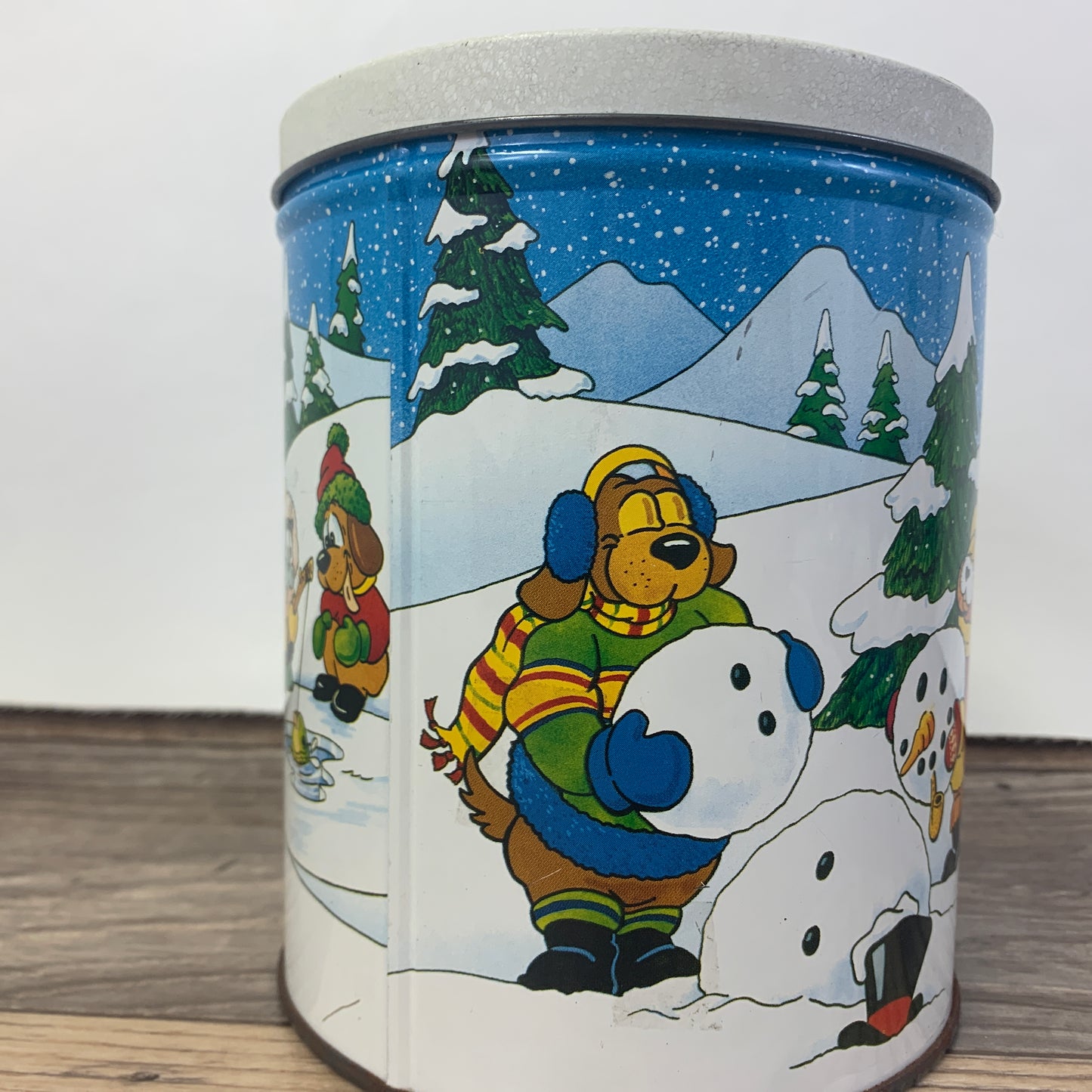 Vintage Christmas Tin with Cartoon Animals Playing in the Snow