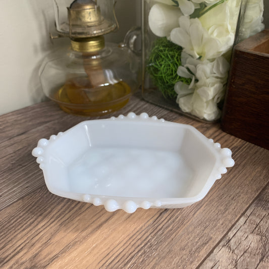 Hazel Atlas Mid Century Modern Milk Glass Dish Beaded Edge