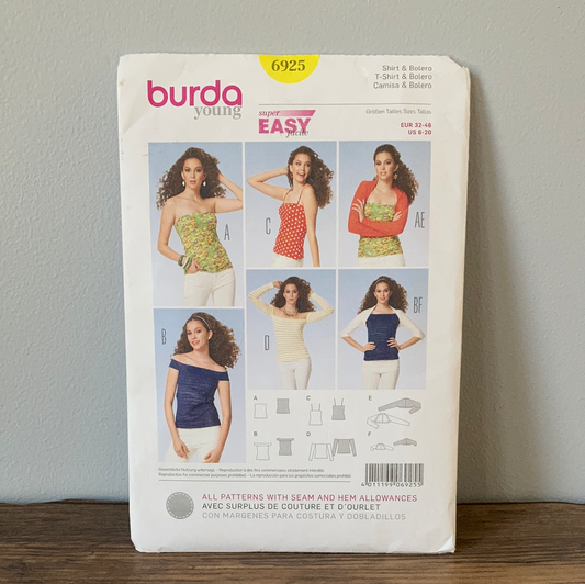 Misses Tube Top Shirt and Bolero Jacket Sewing Pattern Size 6 to 20 Burda Young 6925