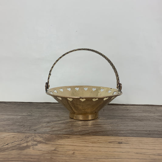 Brass Basket with Cut Out Heart Trim and Adjustable Handle