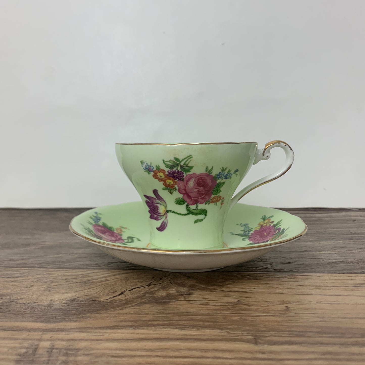 Vintage Green Floral Aynsley Teacup, Corset Shaped Teacup