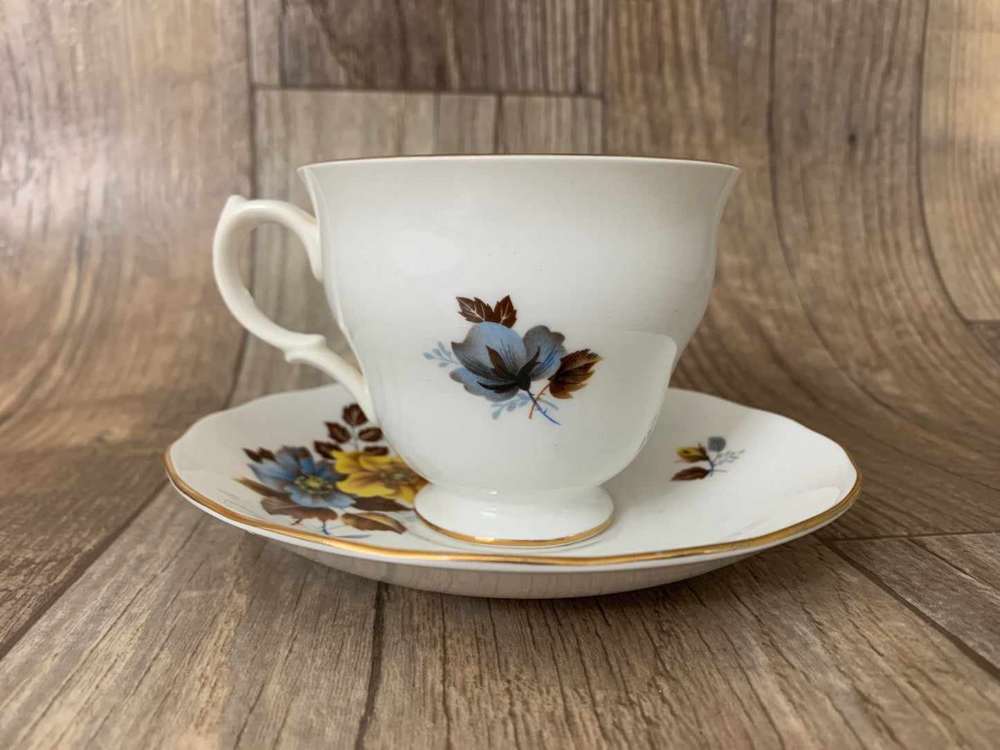 Vintage Floral Teacup Yellow and Blue Pattern Royal Vale Vintage English Tea Cup