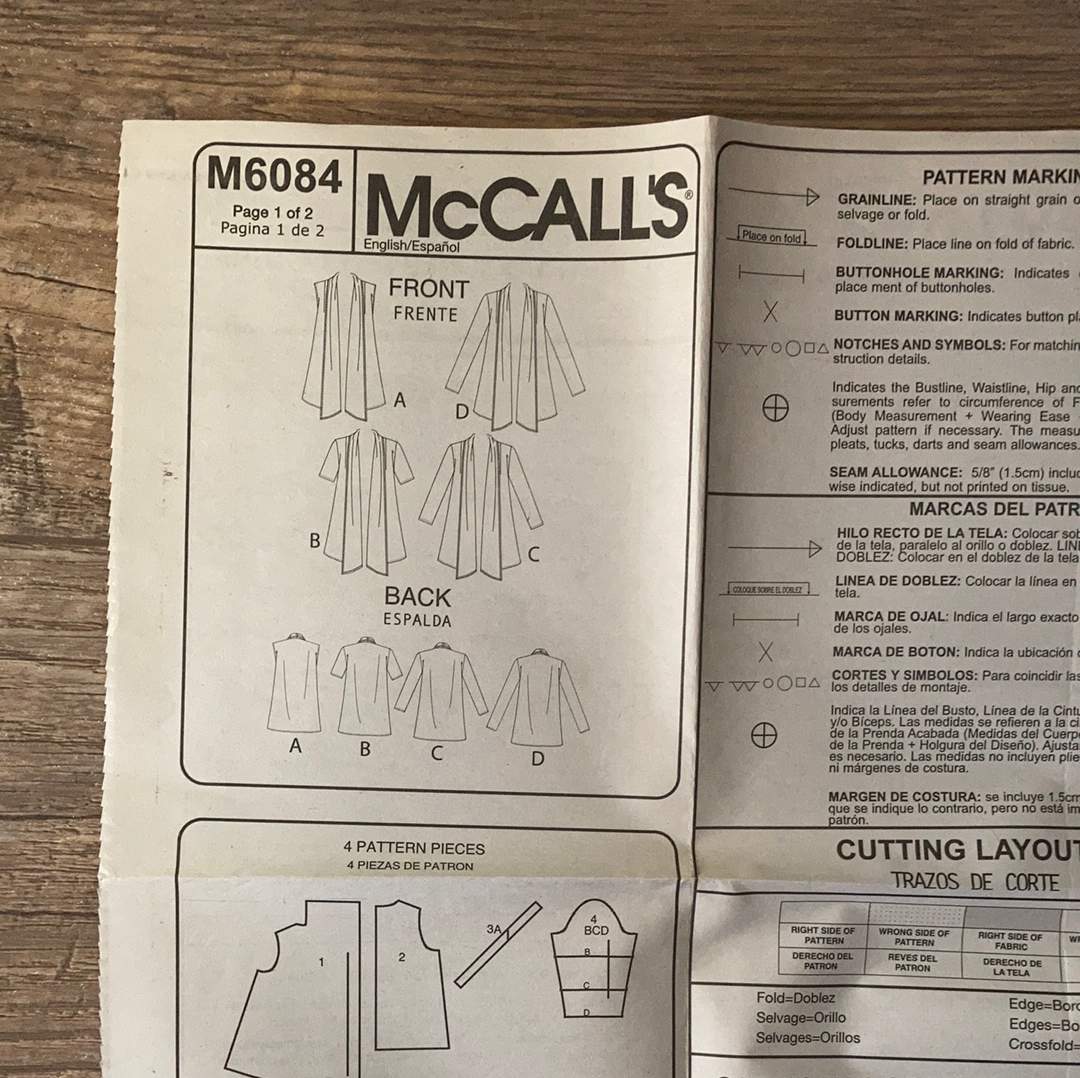 Misses Shawl Collar Cardigan with Short Long or No Sleeves Sewing Pattern Size XS to M McCalls 6084