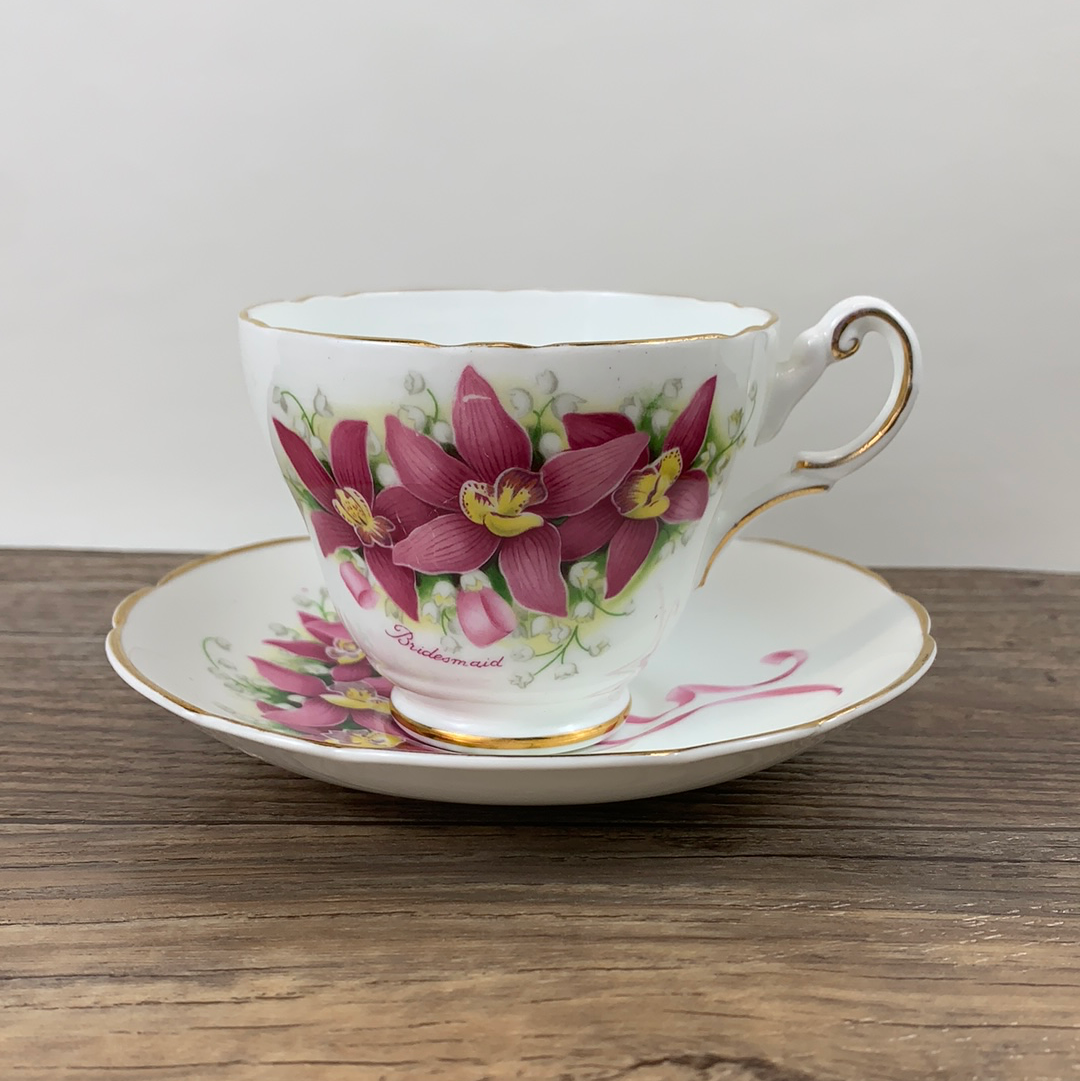 Pink Bridesmaid Pattern Teacup and Saucer with Pink Flowers