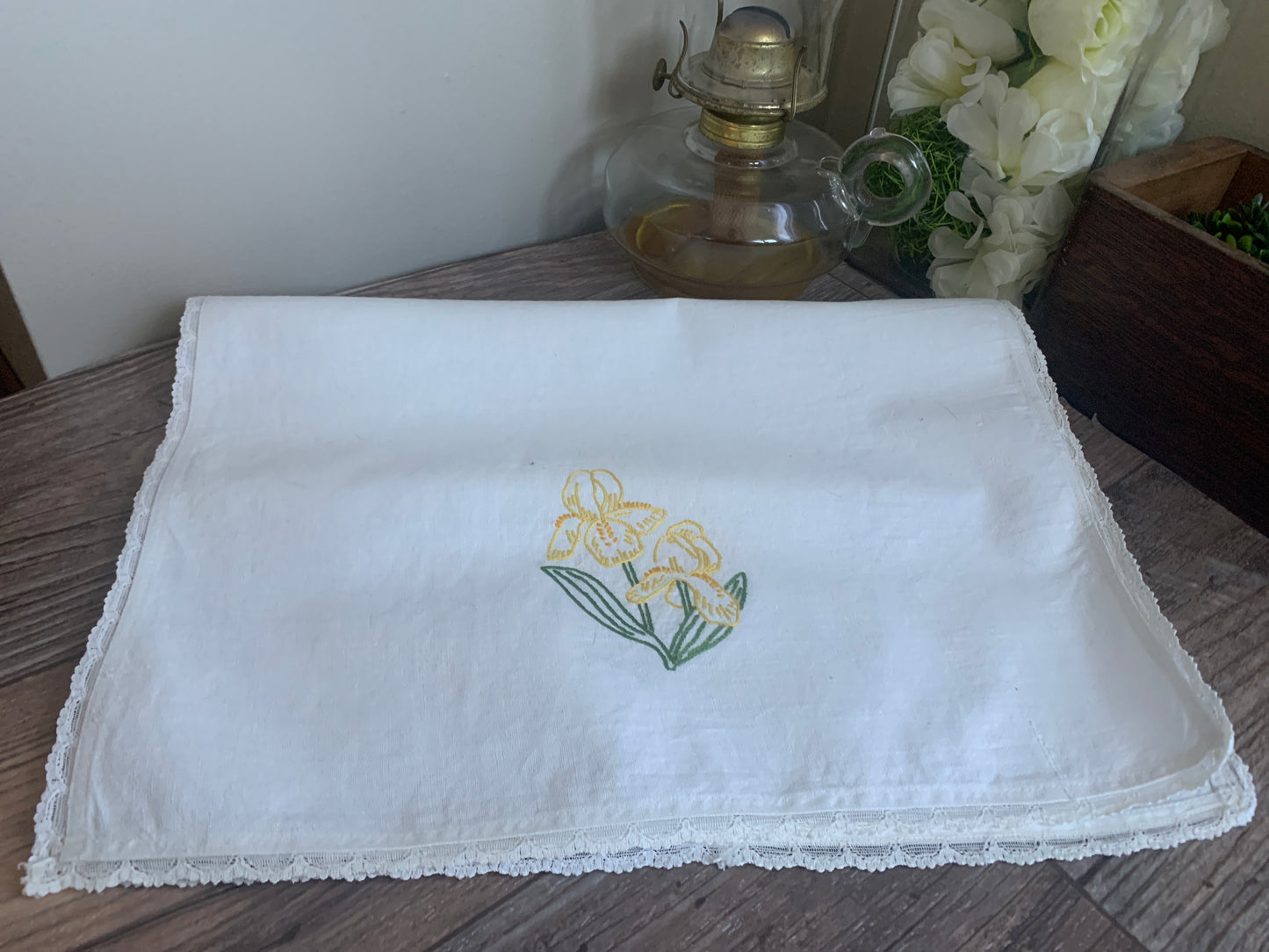 Vintage Embroidered Table Runner Yellow Iris Hand Stitched Decoration