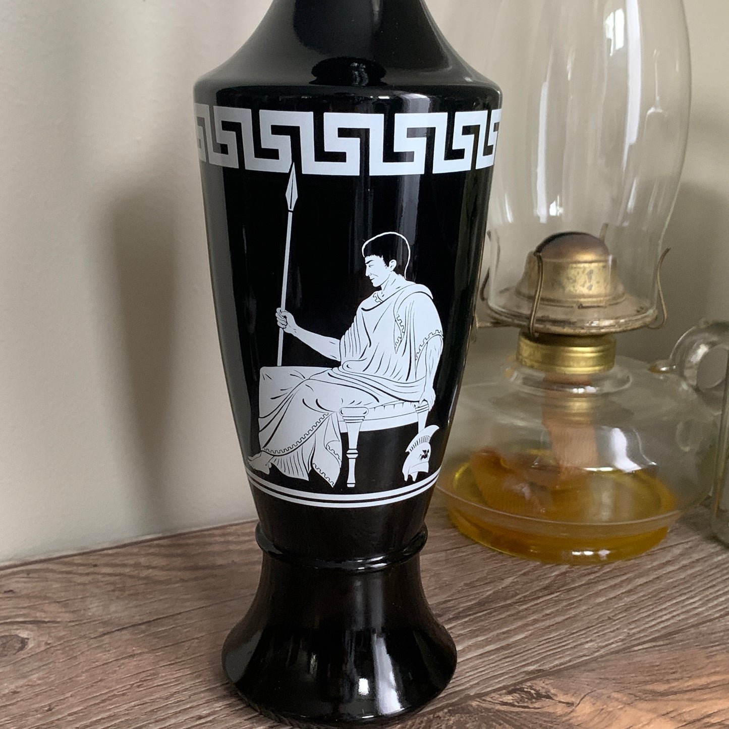 Vintage Black Milk Glass Bottle with Roman Appliqué