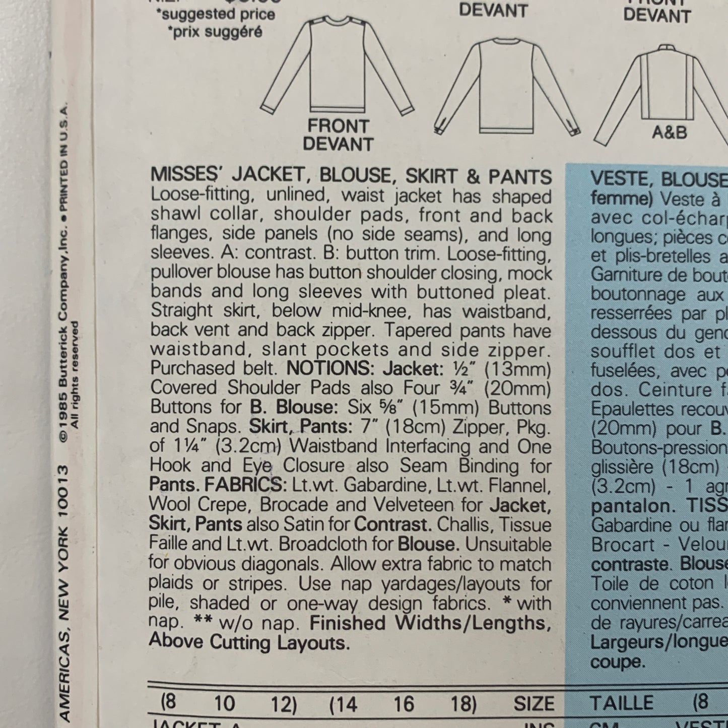 Jacket, Blouse, Skirt & Pants 80s Vintage Sewing Pattern Butterick 3531 Misses Size 14-16-18