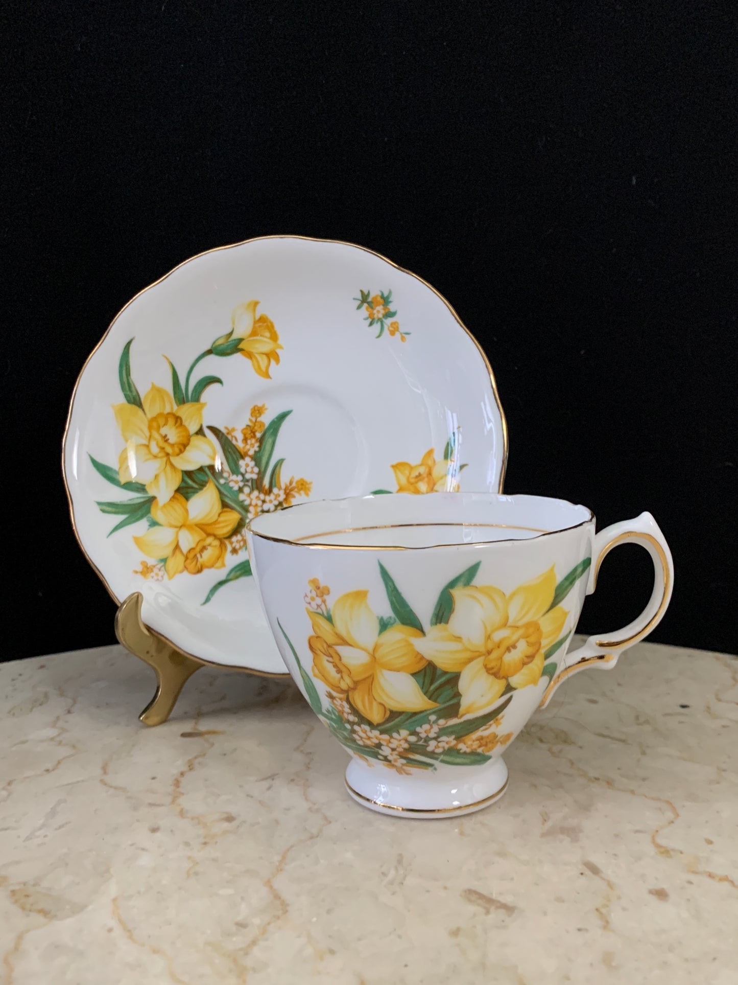 White Tea Cup with Daffodil Bouquet Vintage Floral Teacup