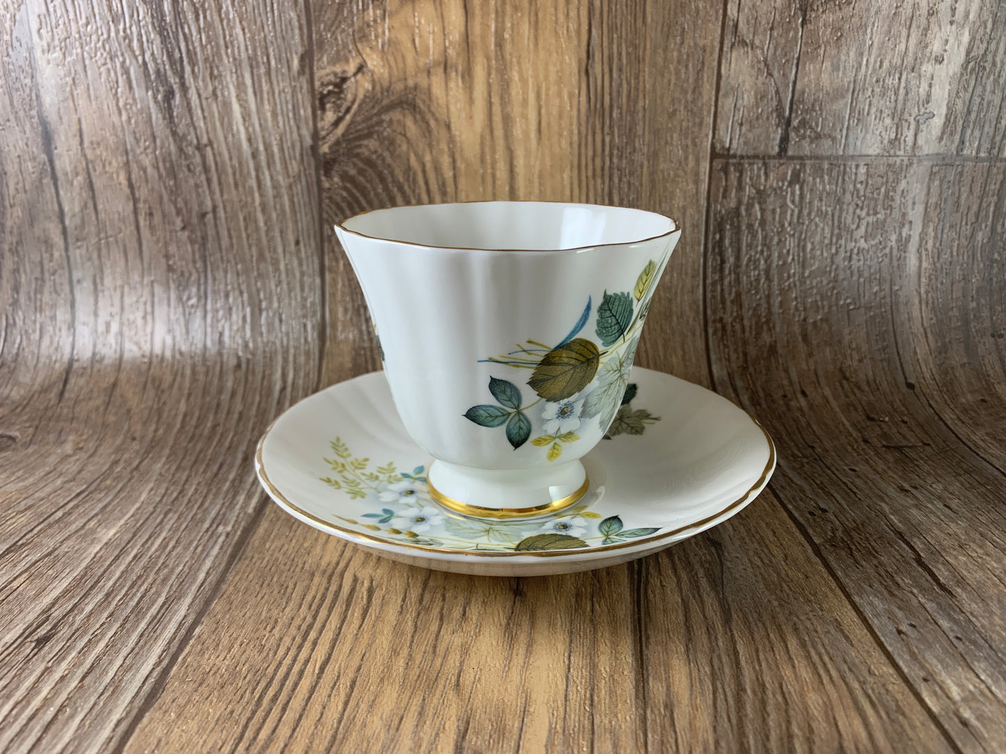 Vintage Teacup Royal Grafton Blue Grey and Yellow Floral Teacup and Saucer