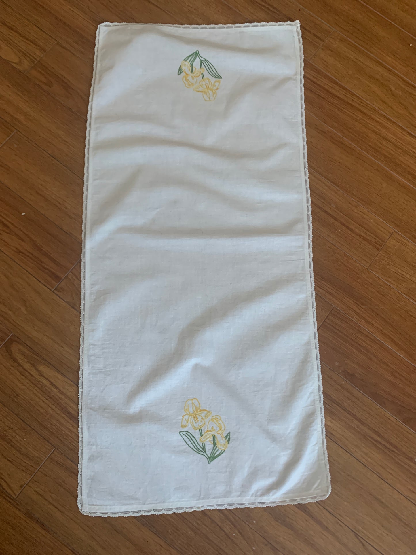 Vintage Embroidered Table Runner Yellow Iris Hand Stitched Decoration