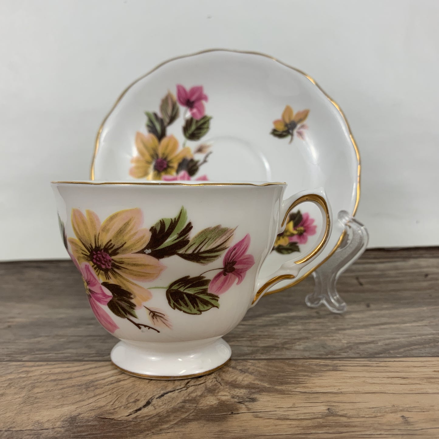Royal Vale Vintage Teacup and Saucer Set with Pink and Yellow Floral Pattern