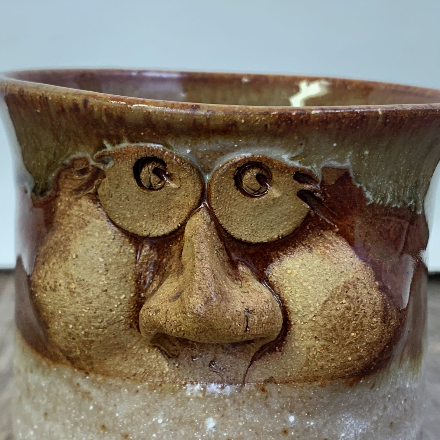Vintage Drip Glaze Pottery Mug with Face Handmade Pottery Mug with Molded Face