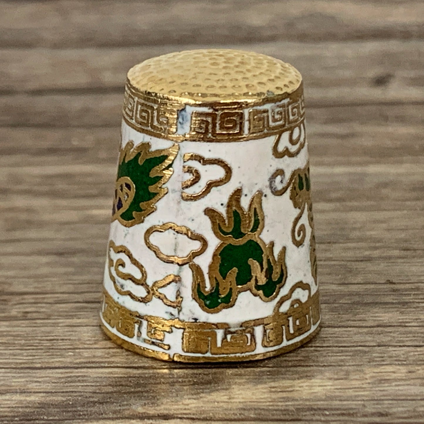 White and Gold Enamel Thimble with Dragon Design