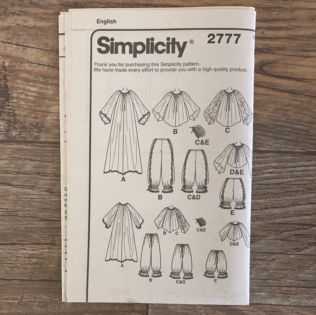 Misses Costume Bloomers and Top with Bell Sleeves Nightgown Sewing Pattern Size 6 to 12 Simplicity 2777