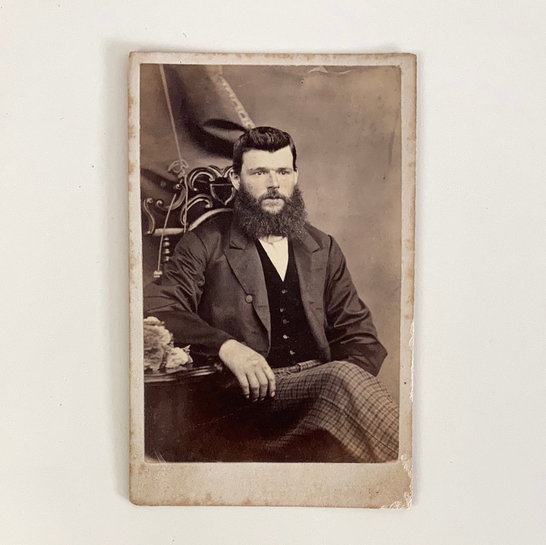 Original Antique Photograph Card of a Seated Young Man with Beard Black and White Photo