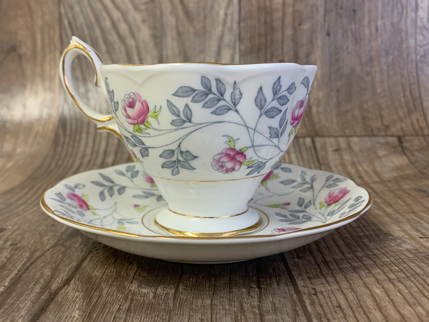 Grey and Pink Floral Tea Cup and Saucer Vintage Royal Albert Conway Pattern Teacup and Saucer
