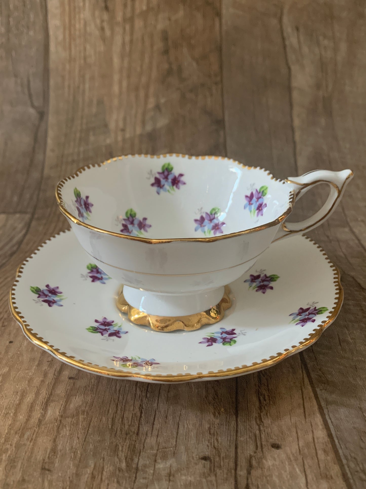 Vintage Teacup and Saucer with Purple Violets Wide Mouth Tea Cup and Saucer Set Mothers Day Gifts