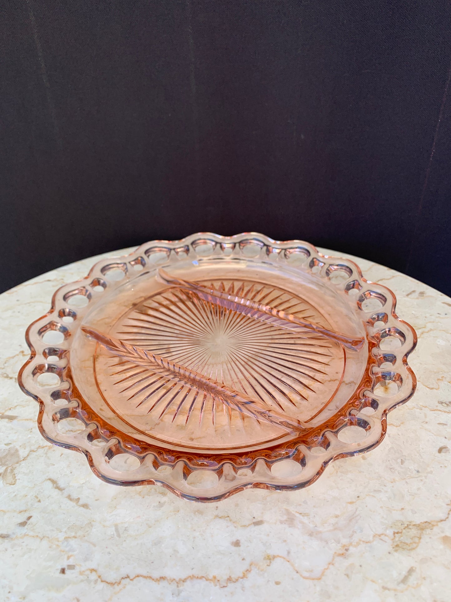 Blush Pink Depression Glass Divided Platter Old Colony Laced Edge