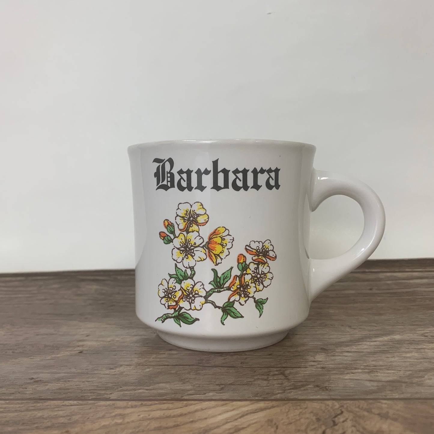Vintage Papel Name Mug, Gift for Barbara, Coffee Mug with Name and White Flowers