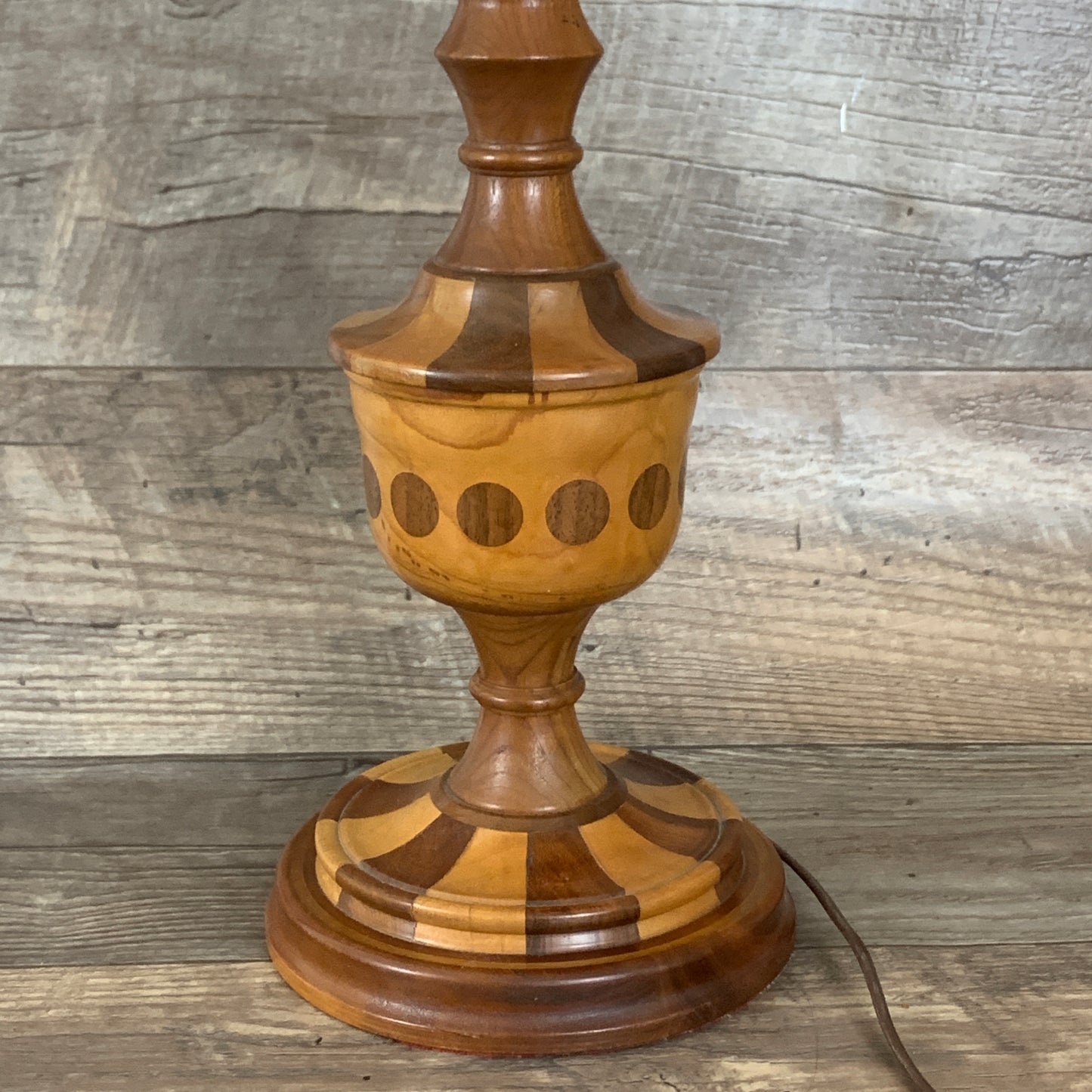 Wooden Table Lamp with Decorative Inlay, Vintage Wooden Lamp