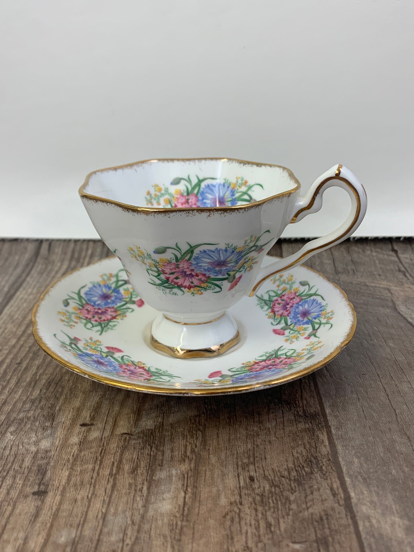 Pink and Blue Thistles Stafford Floral Tea Cup Vintage Teacup with Pink and Blue Floral Pattern