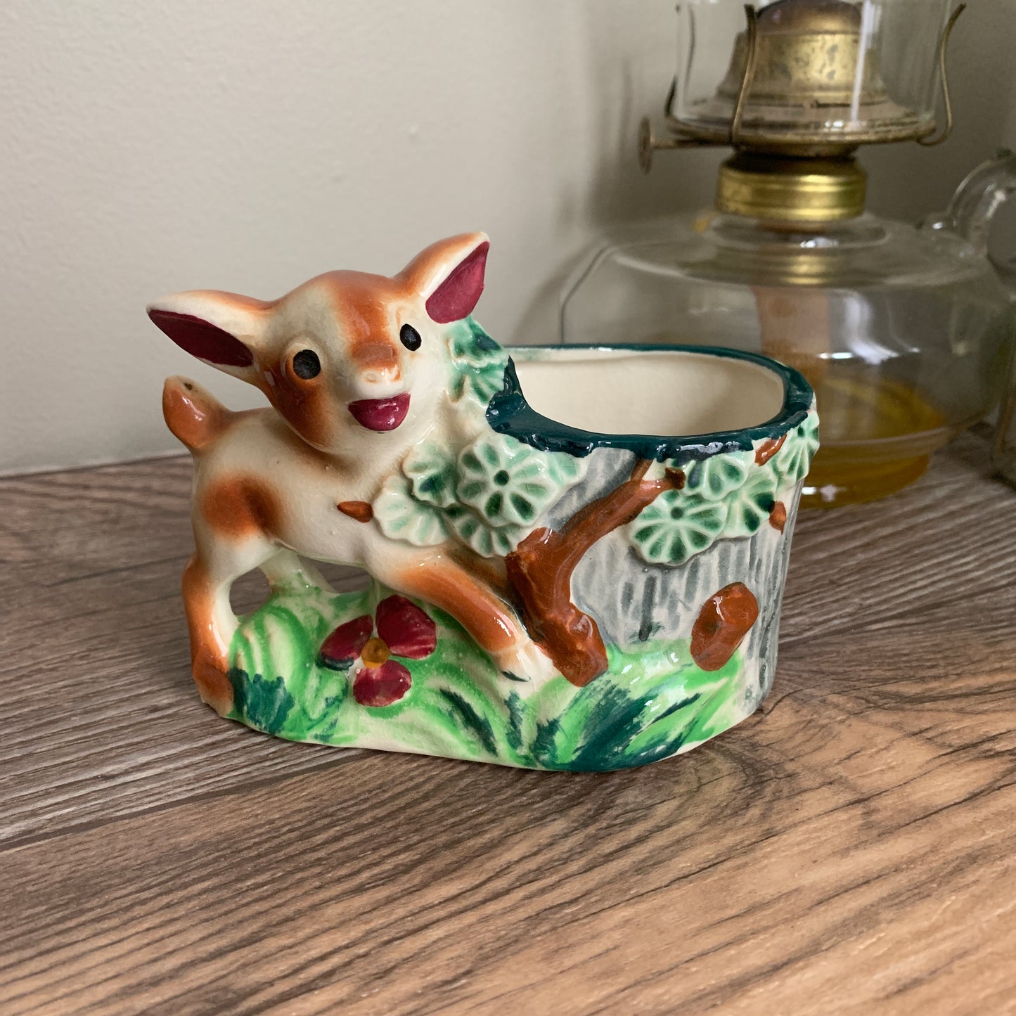 Vintage Ceramic Planter Deer with Flowers Cottage Decor