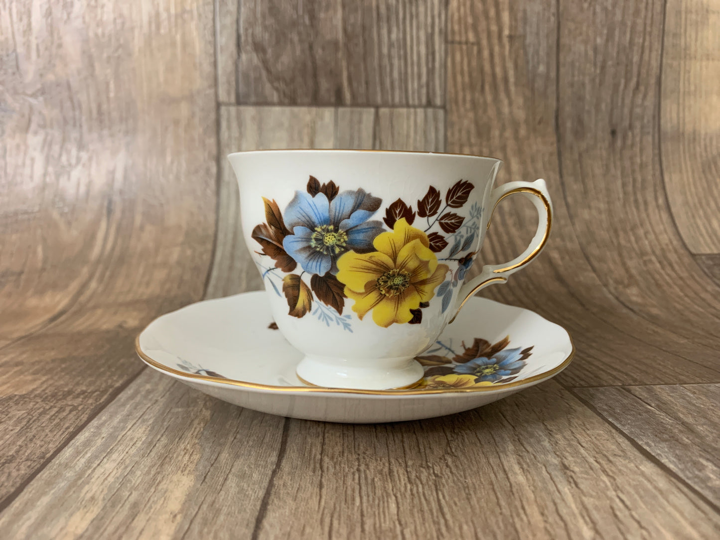 Vintage Floral Teacup Yellow and Blue Pattern Royal Vale Vintage English Tea Cup