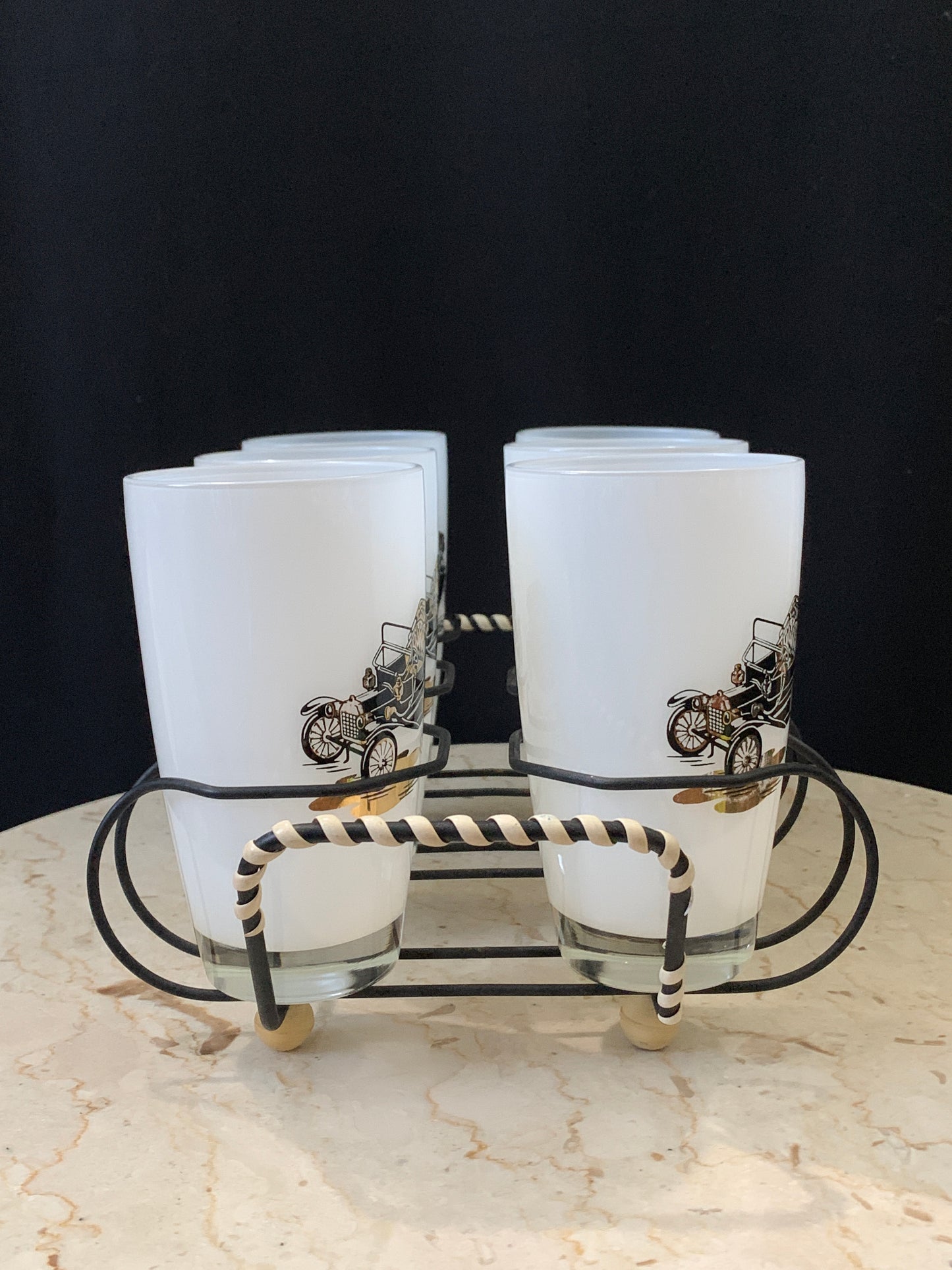 Vintage Cocktail Glass Set with Wire Caddy