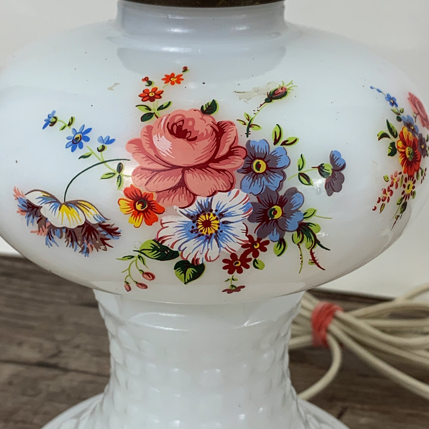 Milk Glass Lamp with Pink and Blue Flowers, Vintage Milk Glass Accent Lamp