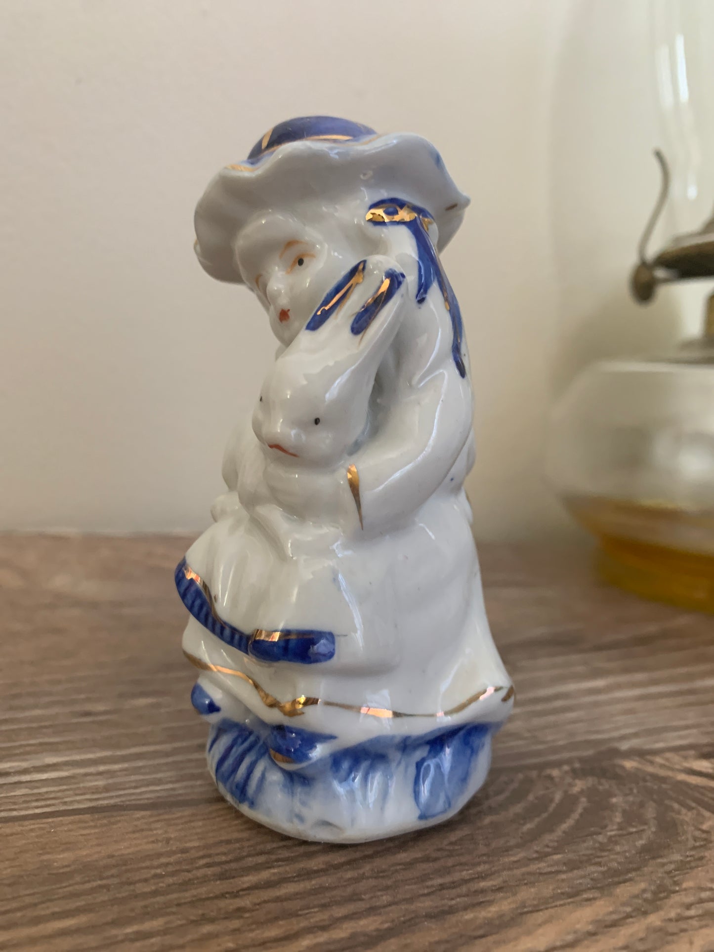 Blue and White Girl with Bunny Small Statuette Vintage Porcelain Figurine