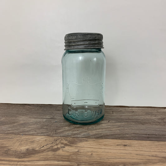 Aqua Crown Quart Size Jar 7" tall with Zinc Ring, Dry Storage, Stash Jar, Antique Farmhouse