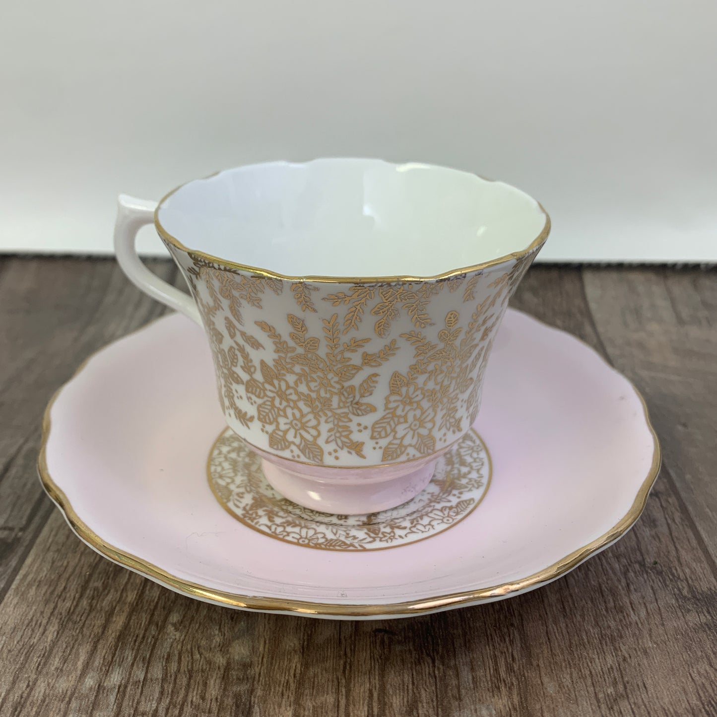 Pink and White Vintage Teacup with Gold Design, Royal Vale English Tea Cup