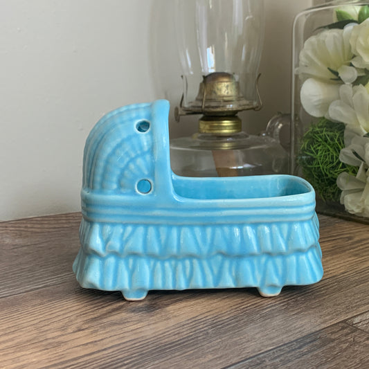 Blue Baby Bassinet Planter, Vintage Ceramic Bassinet Flower Holder, Nursery Decor, Shower Gifts