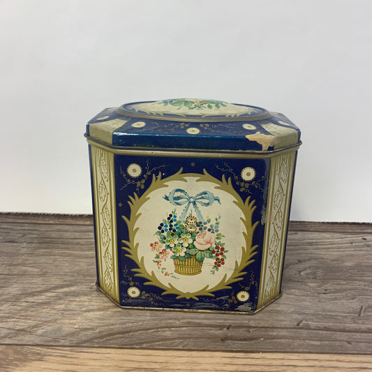 Blue and Yellow Vintage Tin with Floral Design