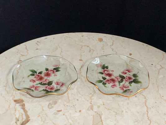 Clear Glass Pin Dishes Matching Pair of Floral Dresser Dishes